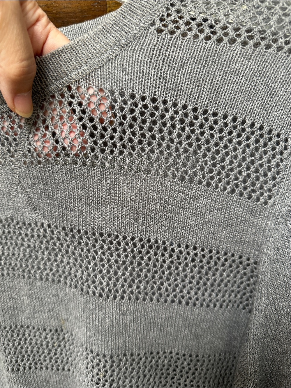 Chic Gray Pullover Knit Sweater with Open Knit Stripes and Ties at Hem Size M